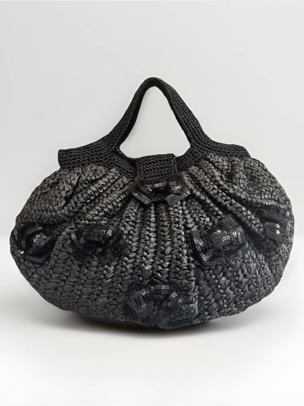 CAPPELLI STRAWORLD Woven Raffia Sequin Bow Accent Braided Handle Satchel